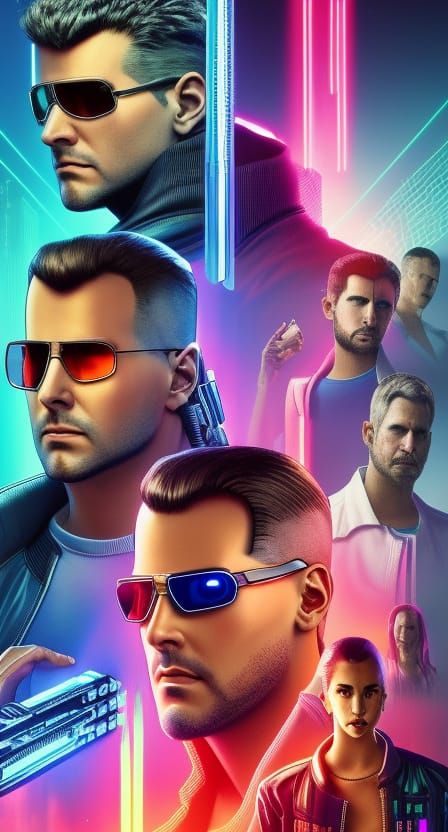 Cyberpunk Hacker in Neon Retro Cityscape