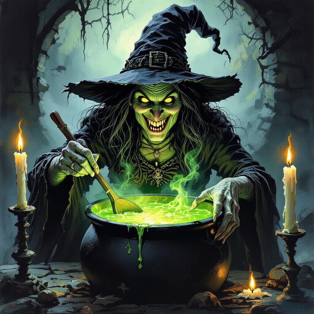 Hideous Witch Brews Green Potion in Cauldron