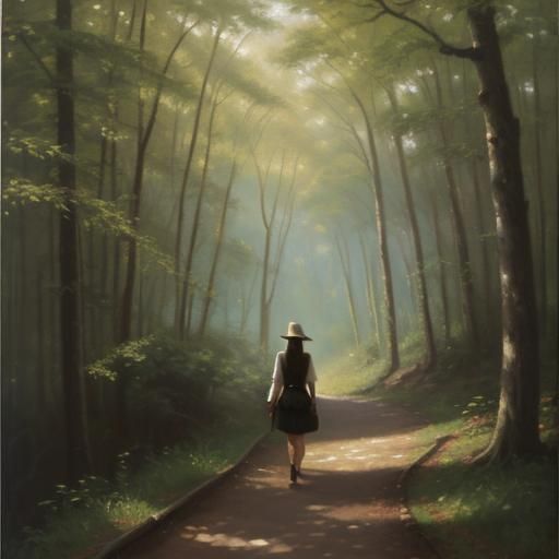 Young girl walking down a wooded path
