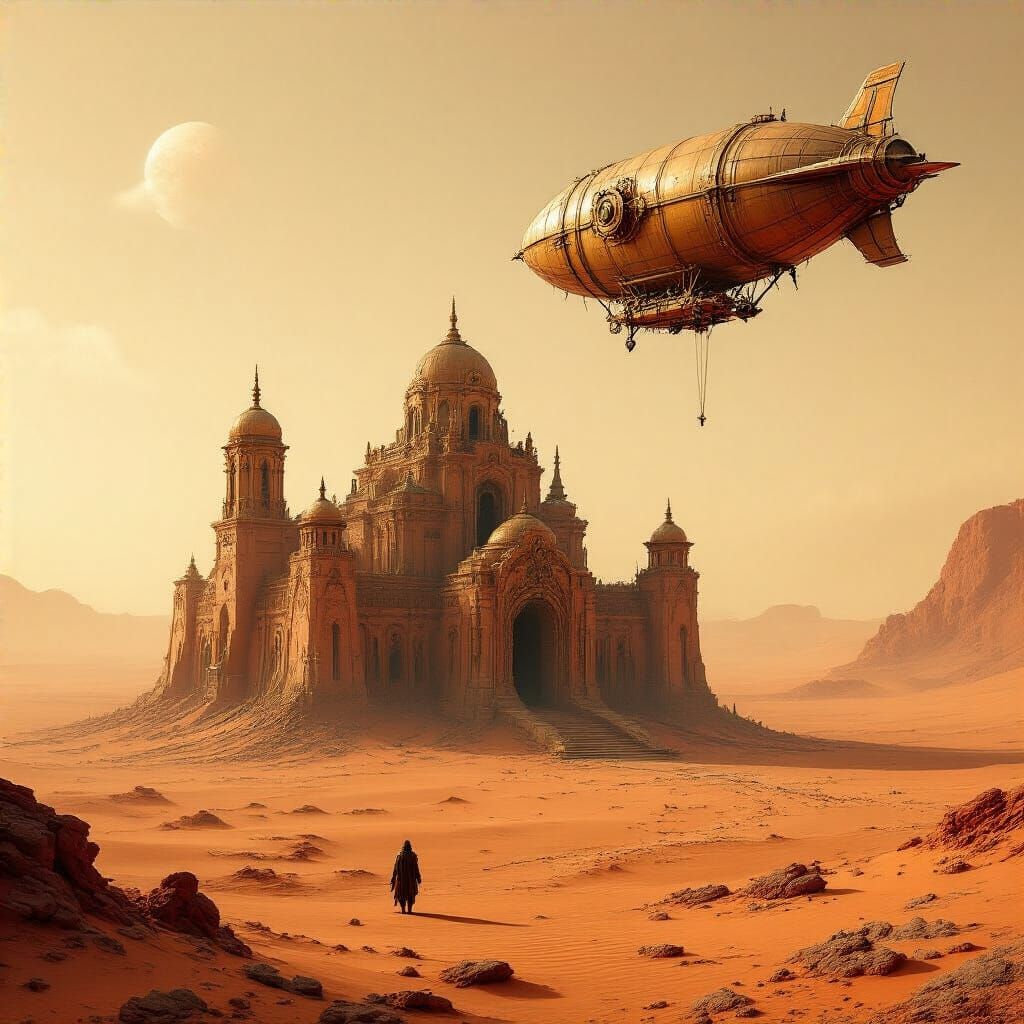 Steampunk Dirigible Over Martian Temple Ruins