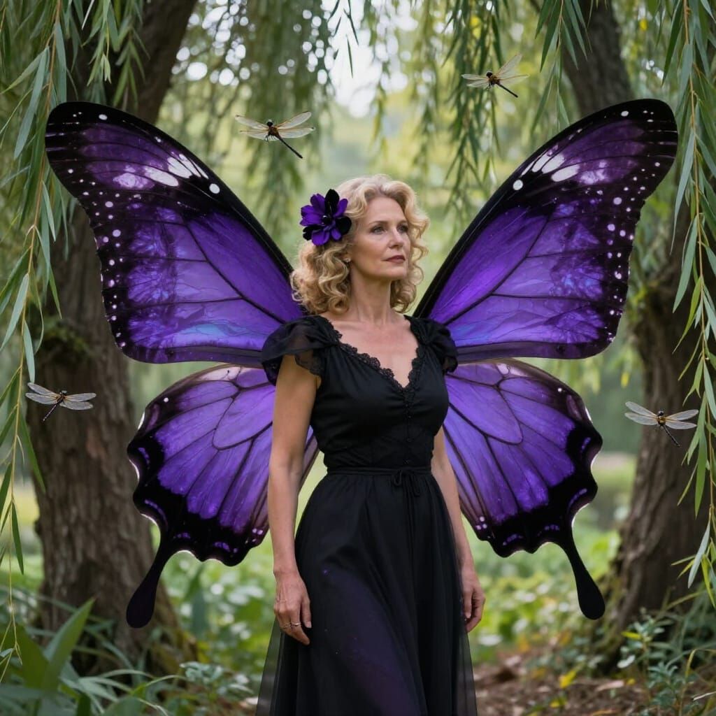 Woman With Butterfly Wings Among Willow Trees