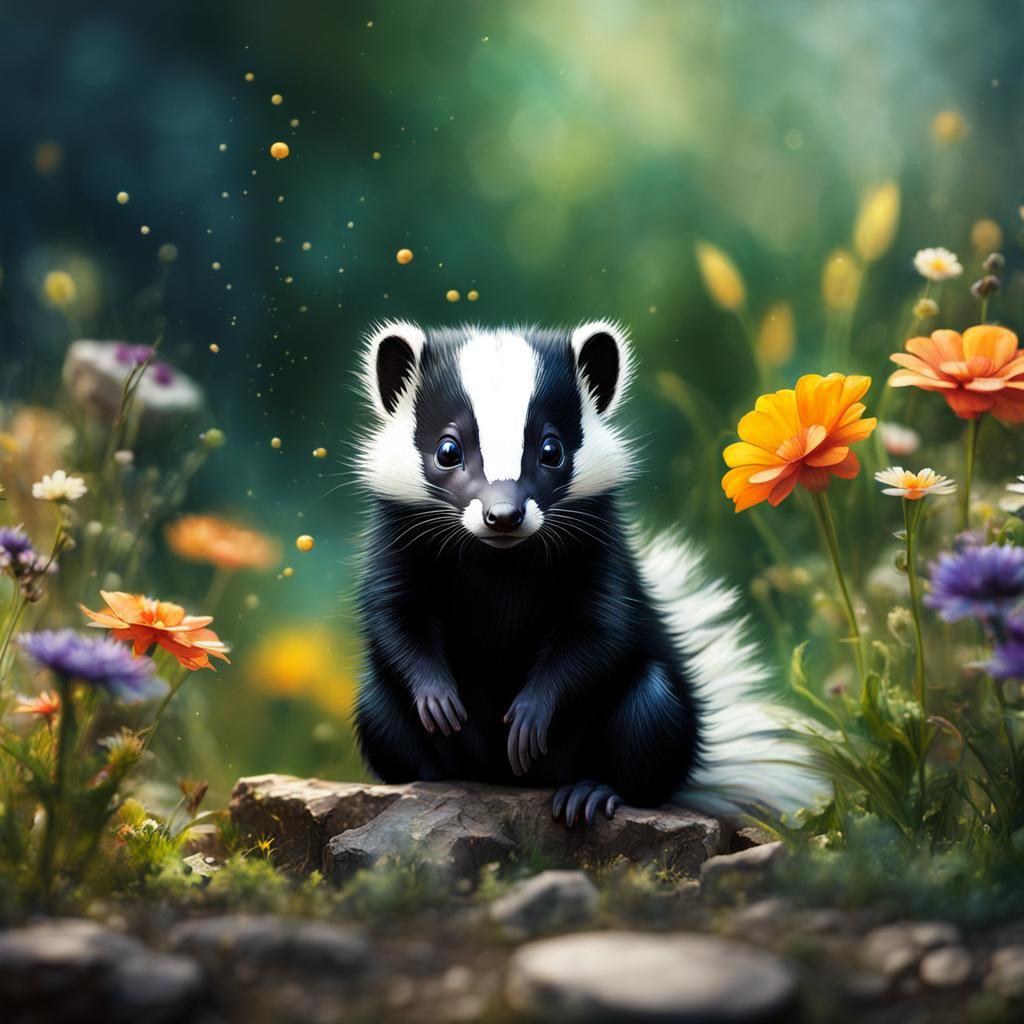 Cute Baby Skunk in Garden: Watercolor Abstract Art
