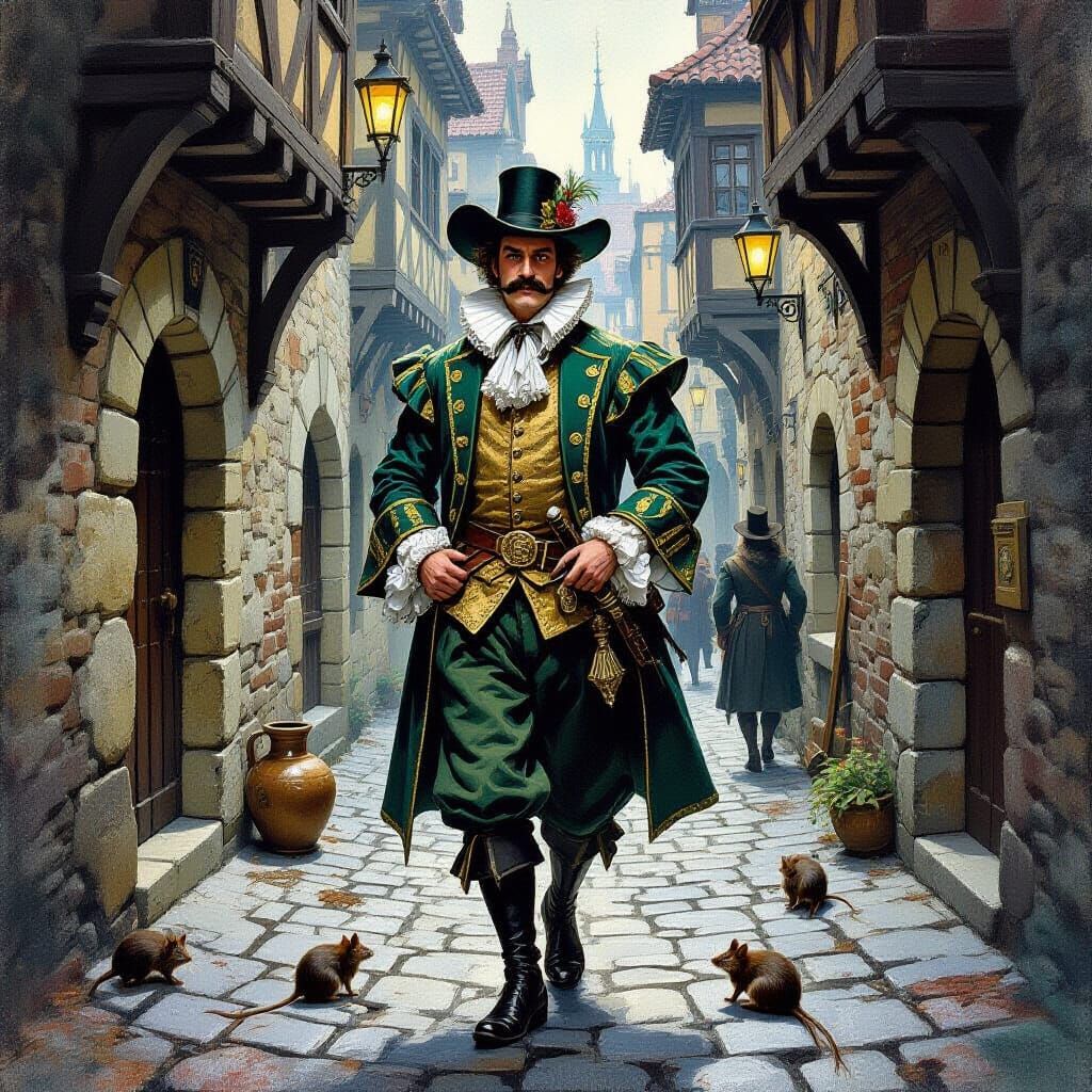 Gentleman Skulking in Medieval Alley, Gouache Impressionism