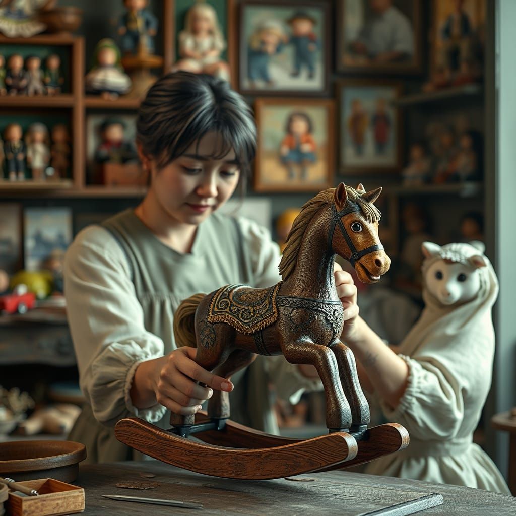 Woman Repairs Toy Horse: Renaissance Style Painting