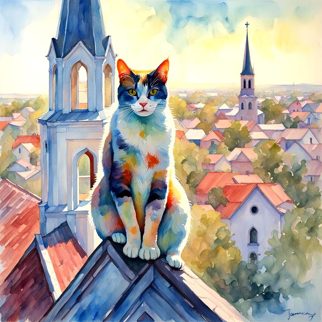 Colorful Cat on Church Steeple: Watercolor Double Exposure