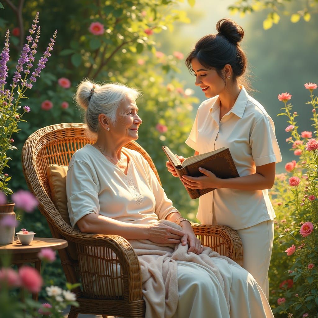 Elderly Woman in Serene Garden Oasis