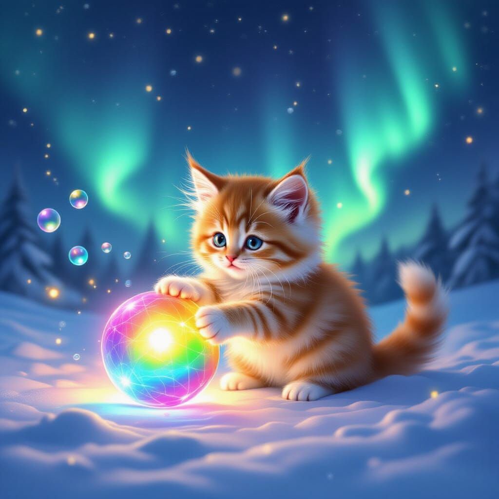 A curious kitten playing the magic ball
