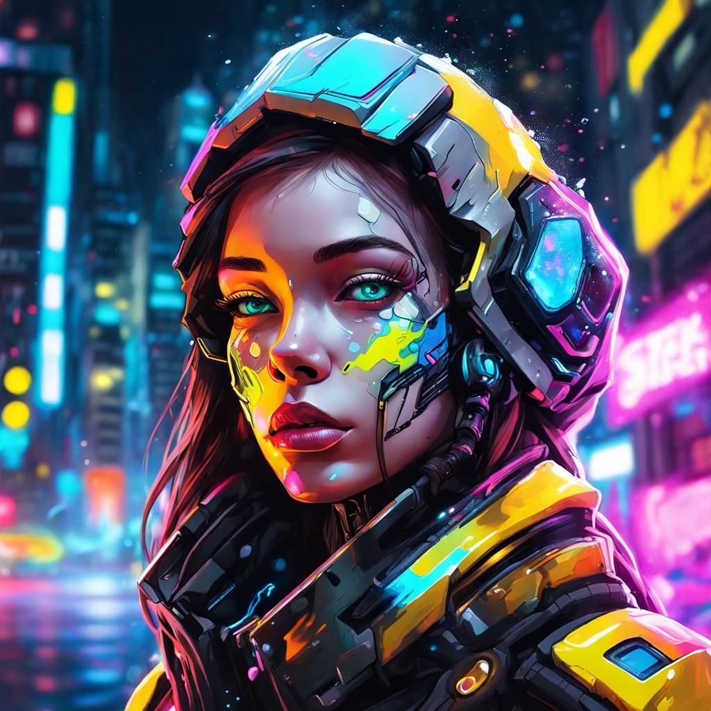 Cyborg Girl Portrait in Neon City: Graffiti Art