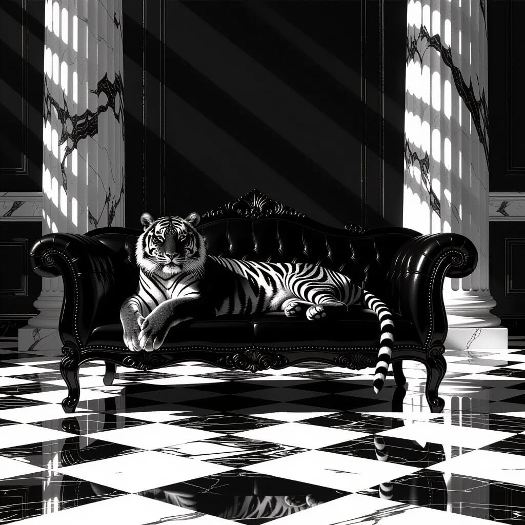 Black Tiger Lounging on Ornate Chaise in Marble Room