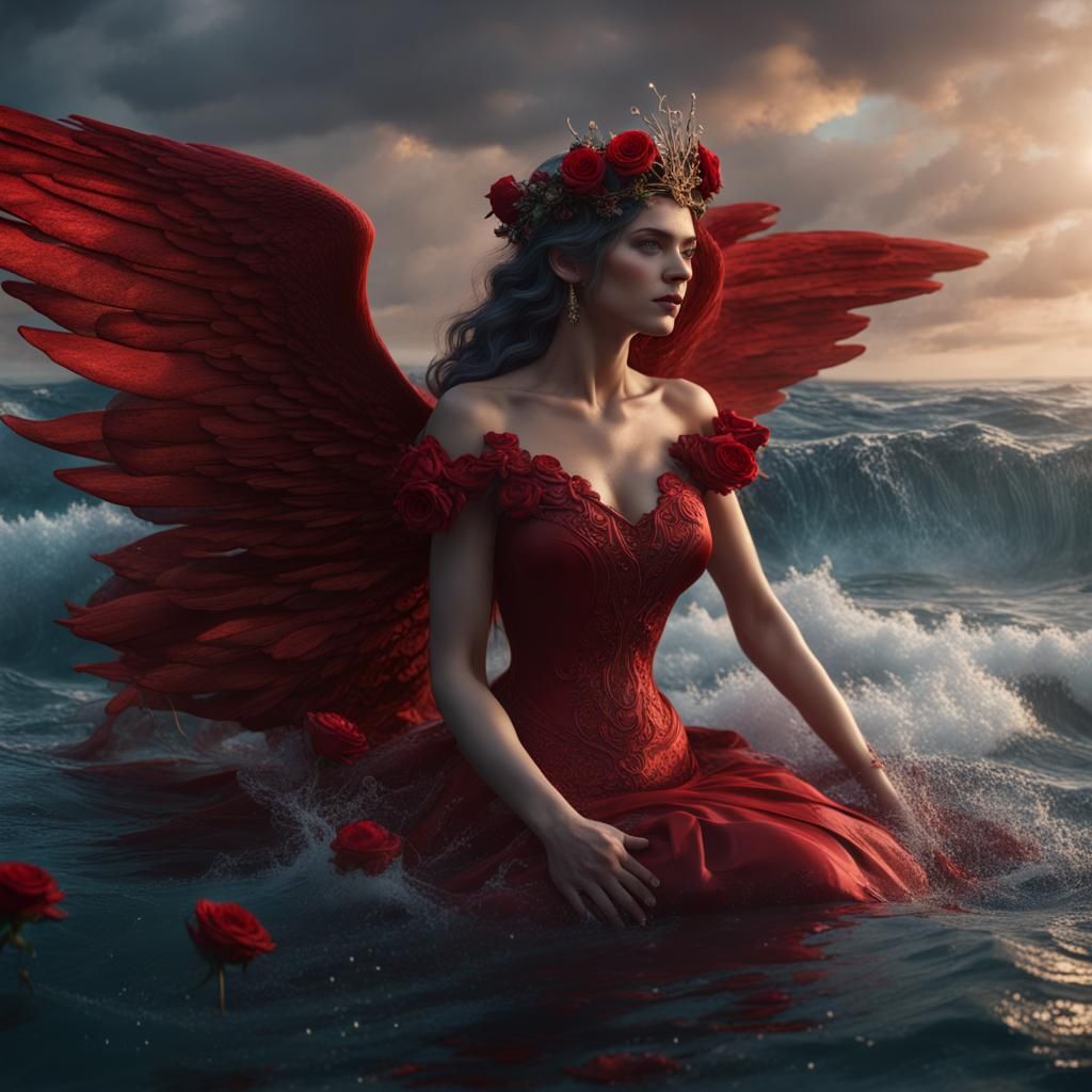 Undine Woman with Roses on Ocean Waves