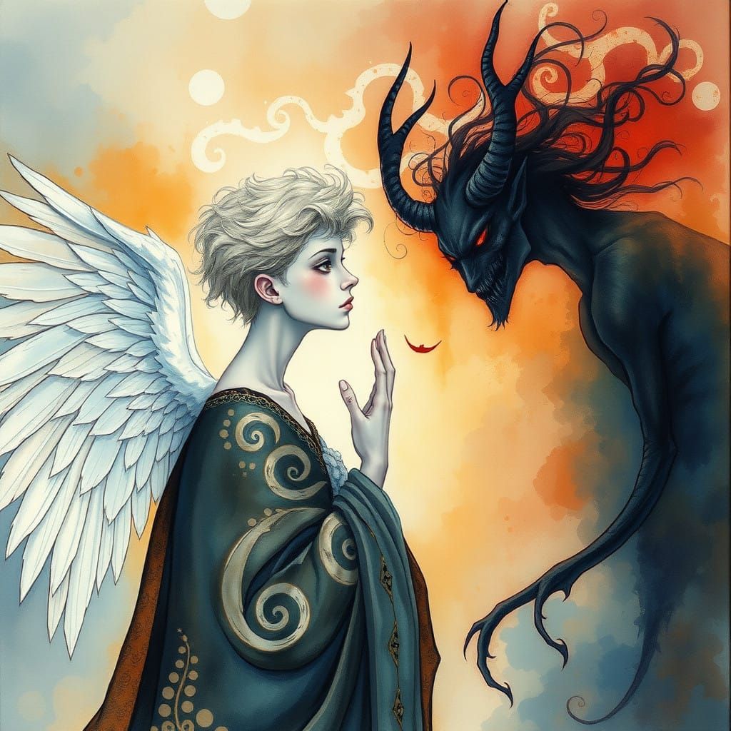 Ethereal Angel Longs for Mysterious Demon in Whimsical Water...