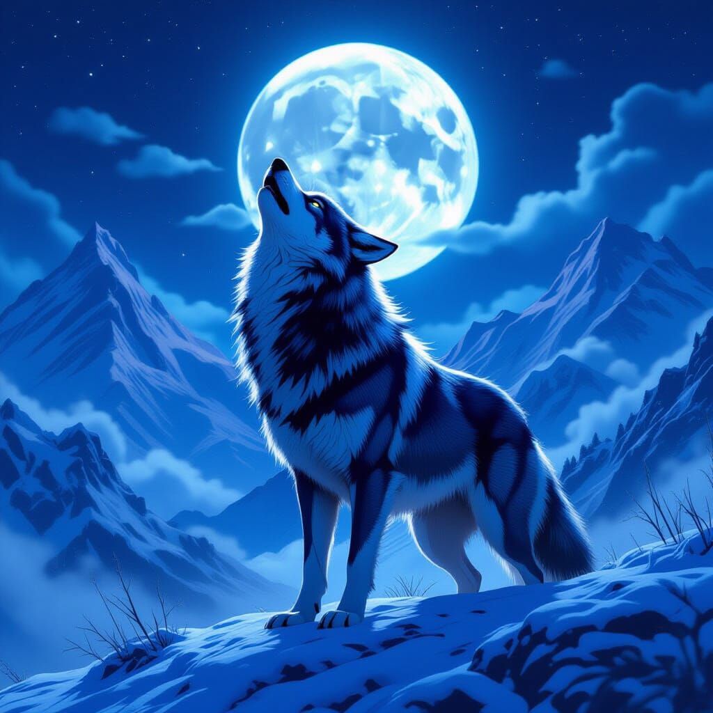 Eis Demon Wolf Howling at Moonlit Frosty Mountains