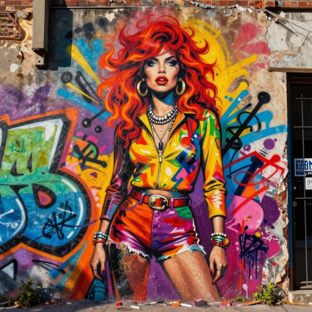 Empowerment Mural: Fiery Red Hair Woman in 70s Style