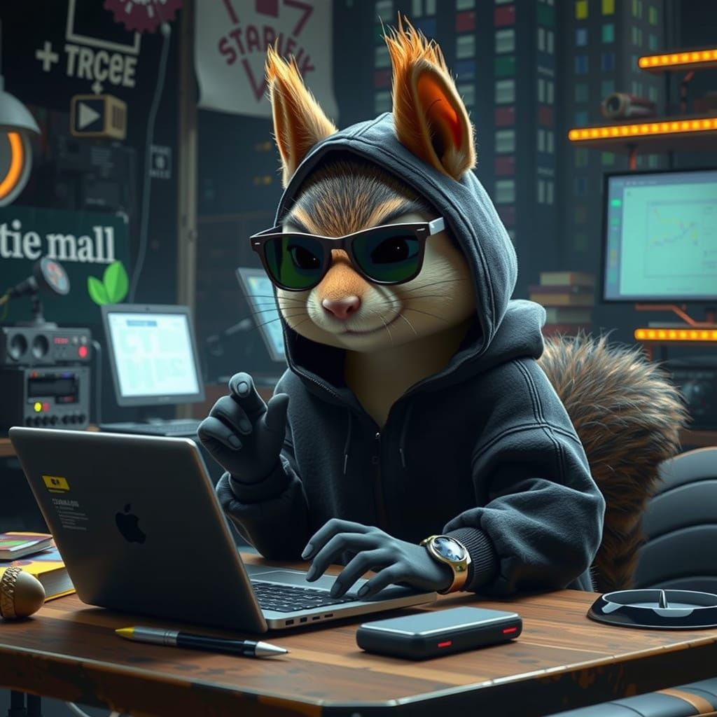 Tech-Savvy Squirrel Hacker in Pixar Animation Style