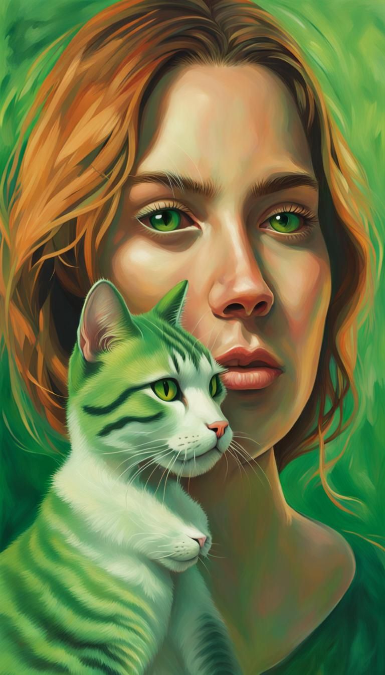 Woman and Cat Stare with Matching Green Eyes