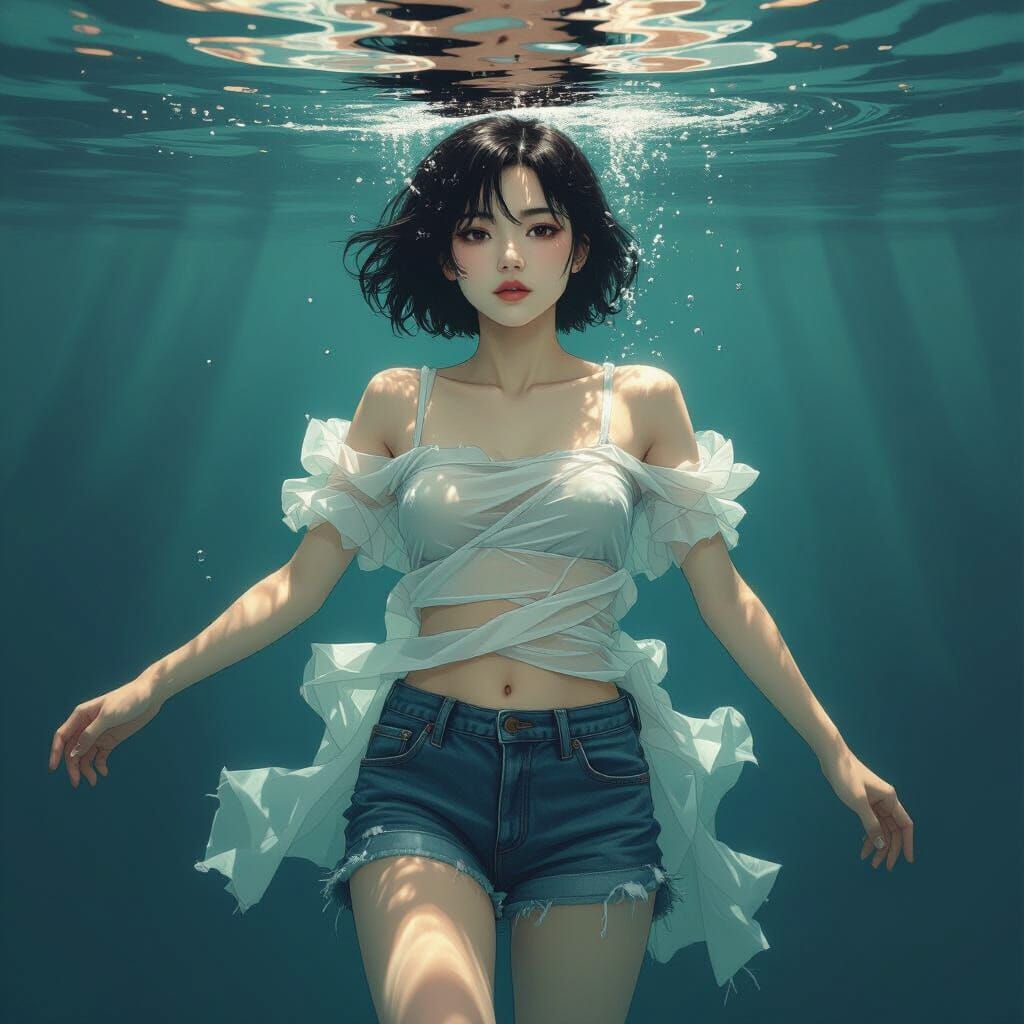 Underwater Asian Woman in Tattered Fabrics