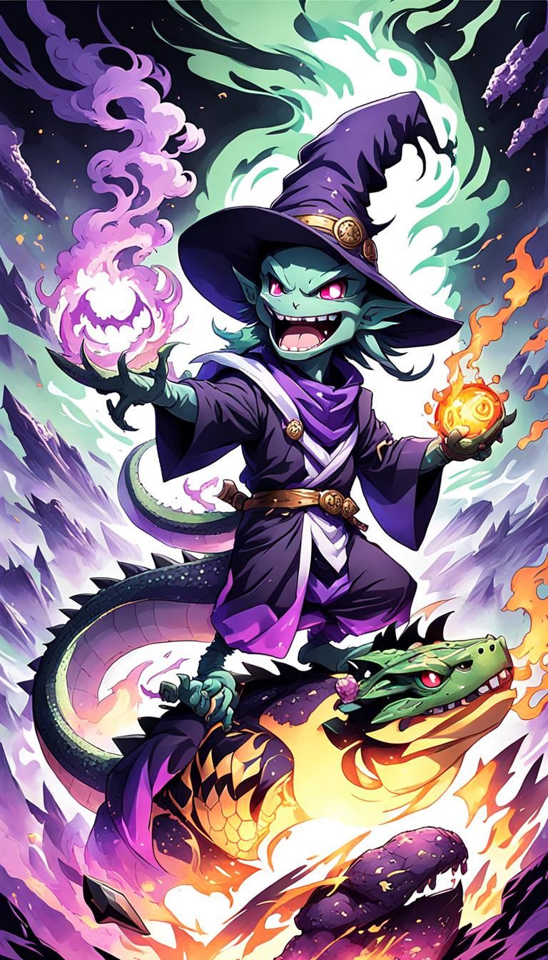 Chibi Lizardman Witch with Magical Smoke, Anime Style