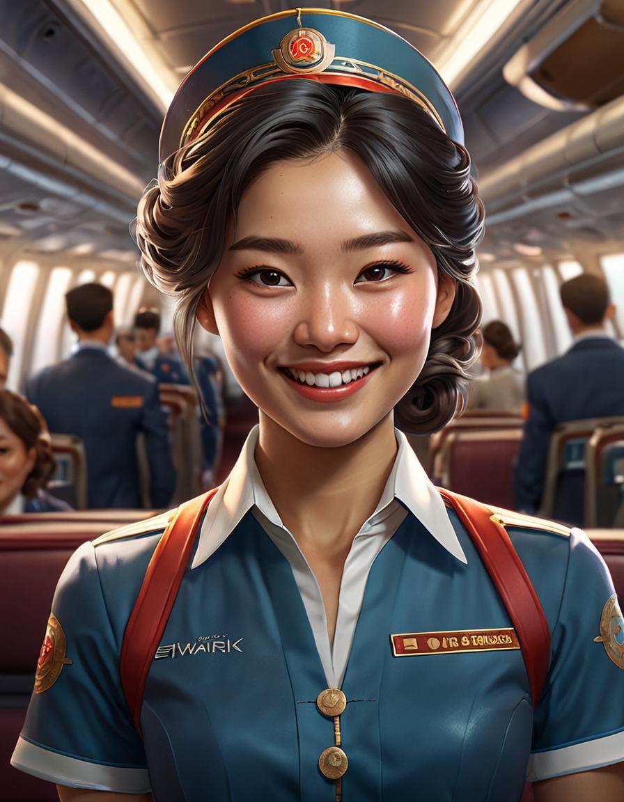 Smiling Asian Stewardess Portrait in Digital Art Style