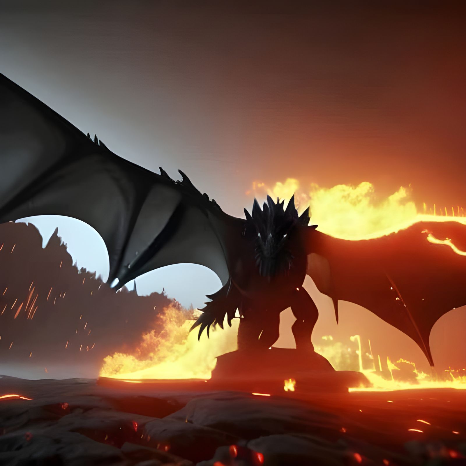 Epic Black Dragon Burning Cities: Dark Fantasy Art