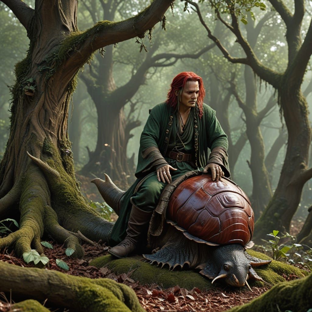 Dreamscape. Wild red and green hair, dark kaftan, 40-year-old magical Johnny Depp as a grumpy Rumpelstiltskin rides on a...