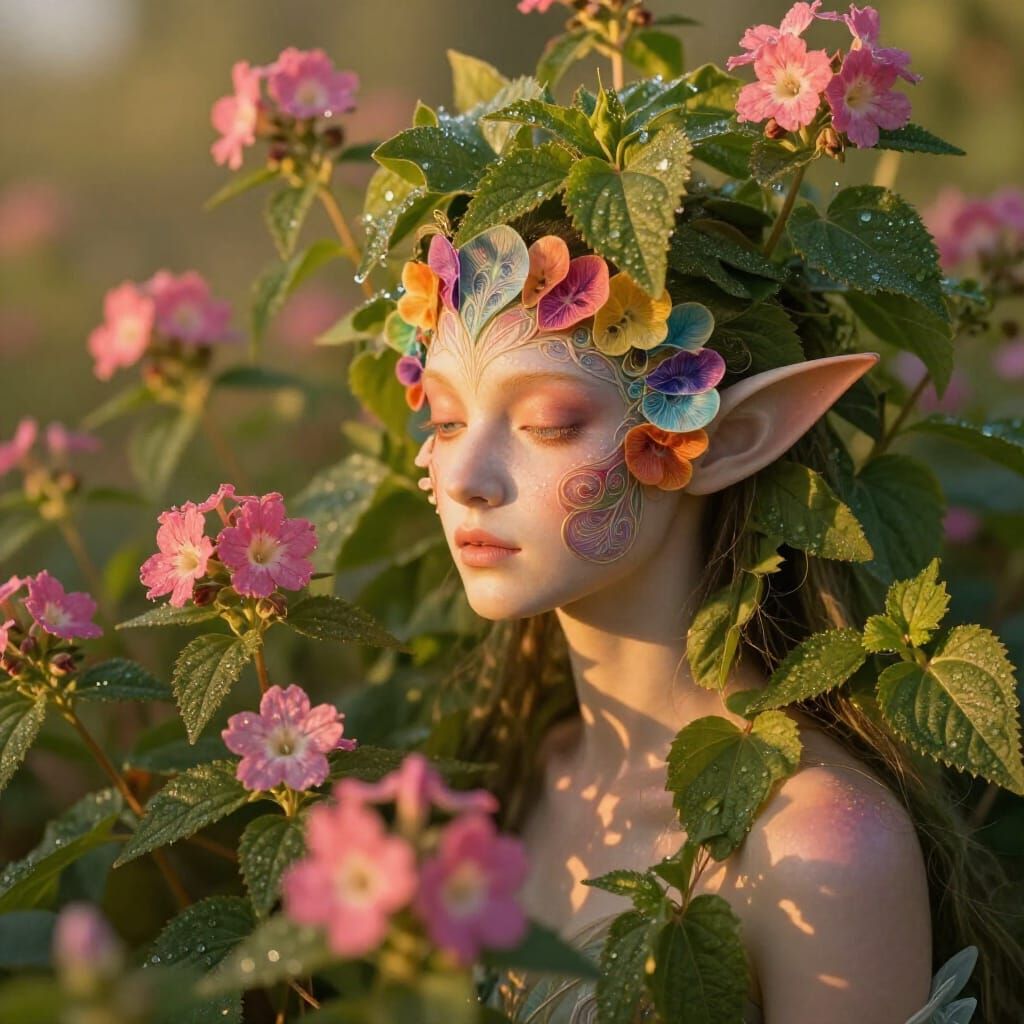 Ethereal Fae Creature Emerges from Floral Bloom in Golden Li...