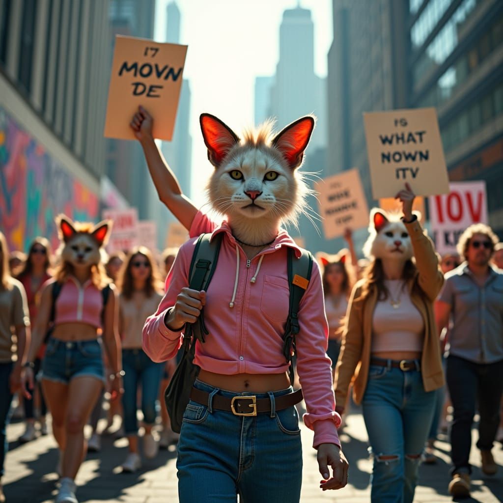 Non-Binary Feline Protesters in a Cinematic Cityscape