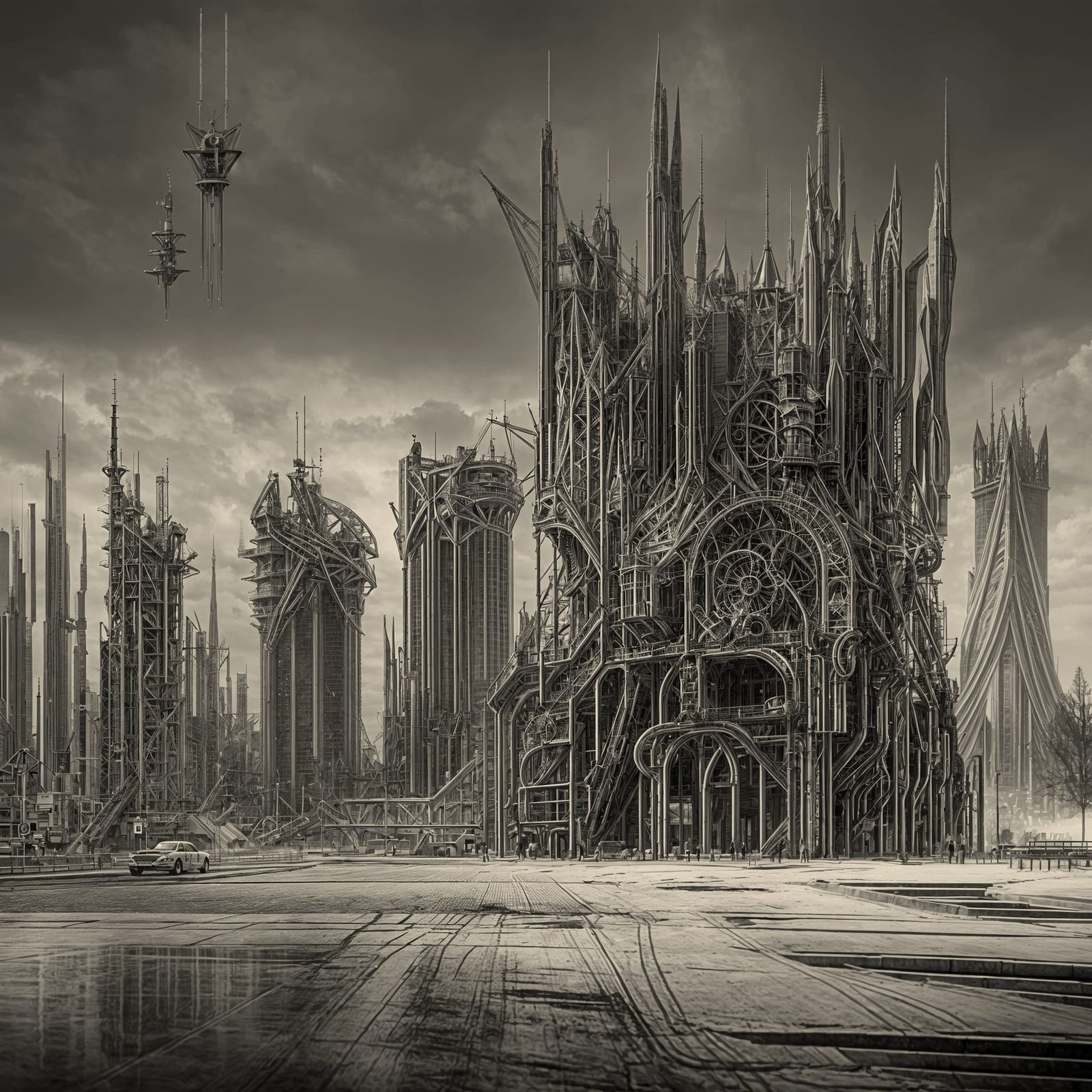 Mechanical Angel Descends on Ruined Cityscape