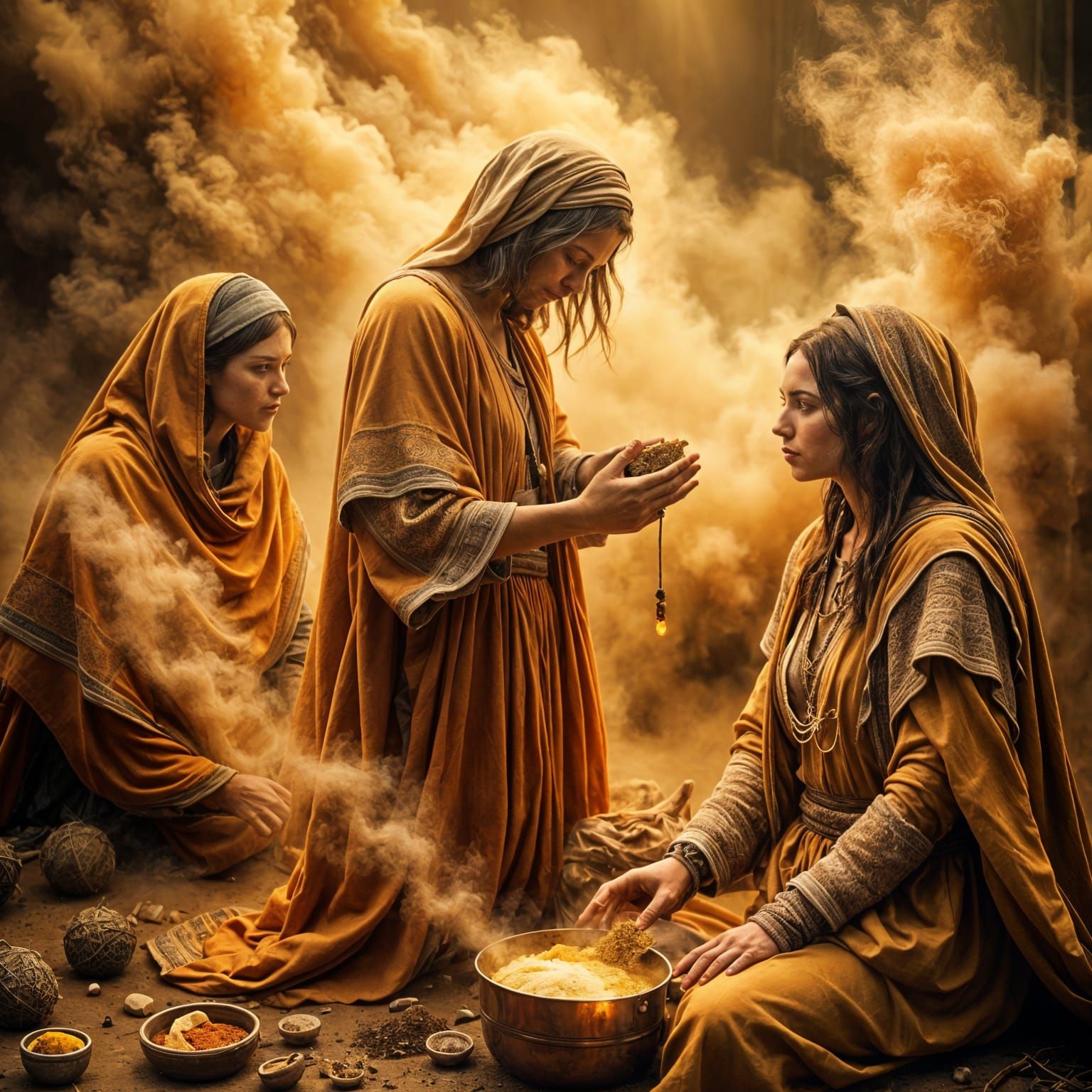 Vibrant Spices and Ointments in a Windswept Sandstorm