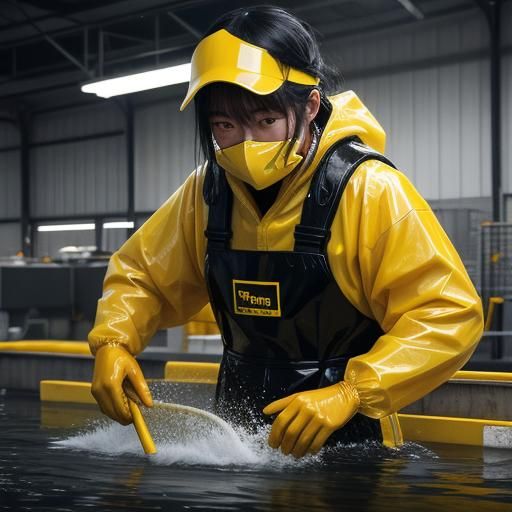 Salmon Factory Workers in Yellow Rain Suits