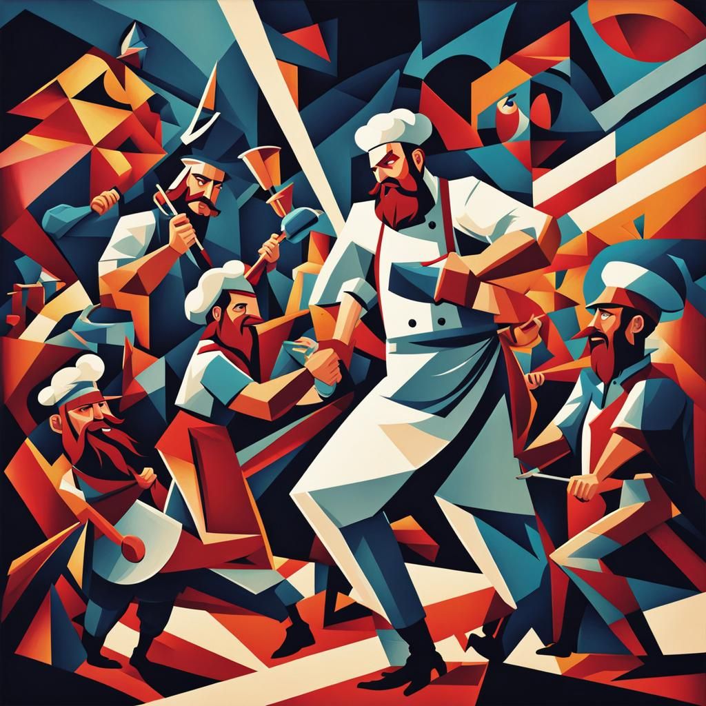 Bearded Chef Versus Zombie Sailors in Cubist Style