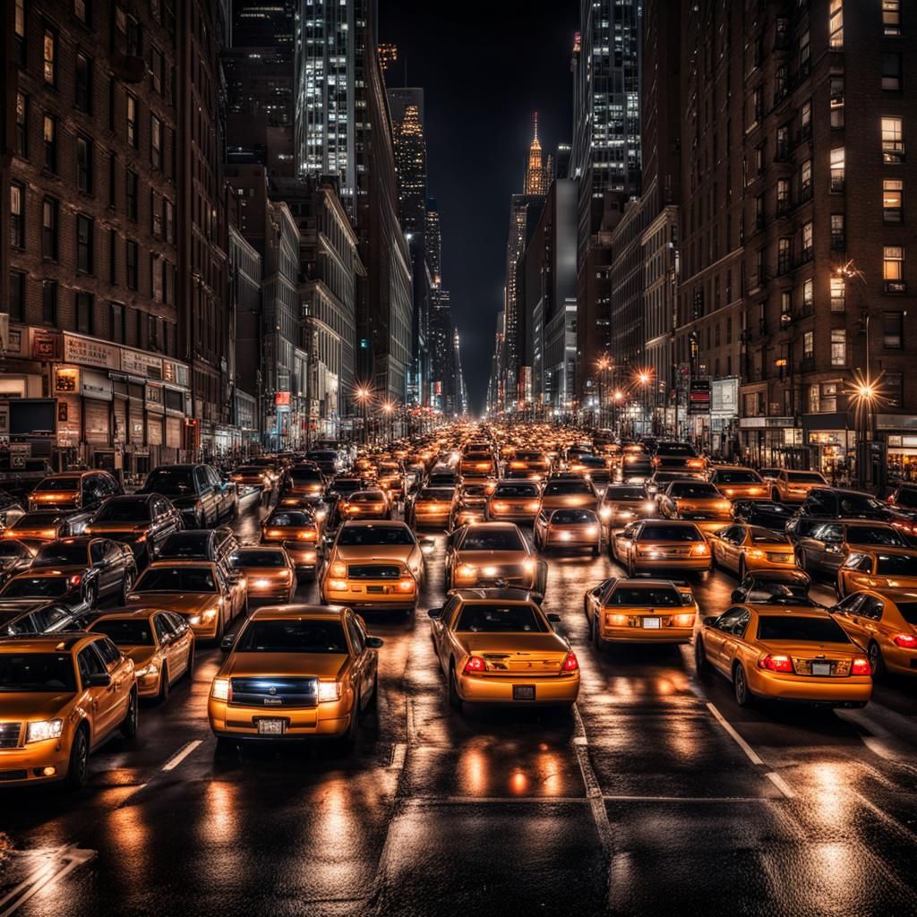 Hyperrealistic New York City Traffic Jam at Night