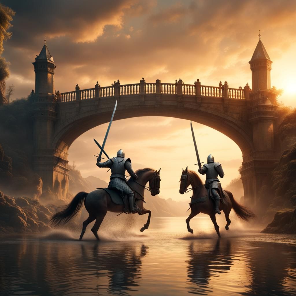 Knights Clash on Bridge at Sunset