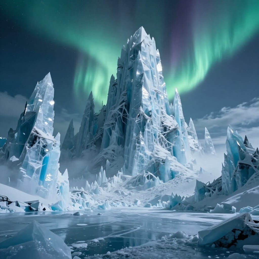 Monstrous Ice World Under Spectral Aurora