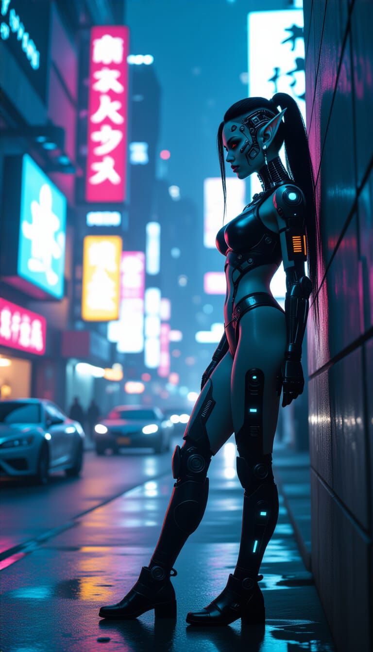 Cyborg Elf in Neon City, Cyberpunk Art