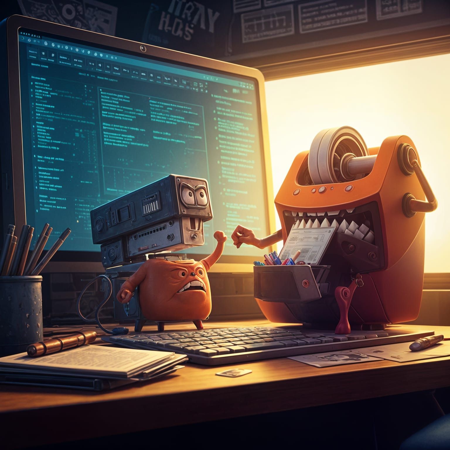 Office Supplies Battle on Desk: Pixar-Style 3D Art