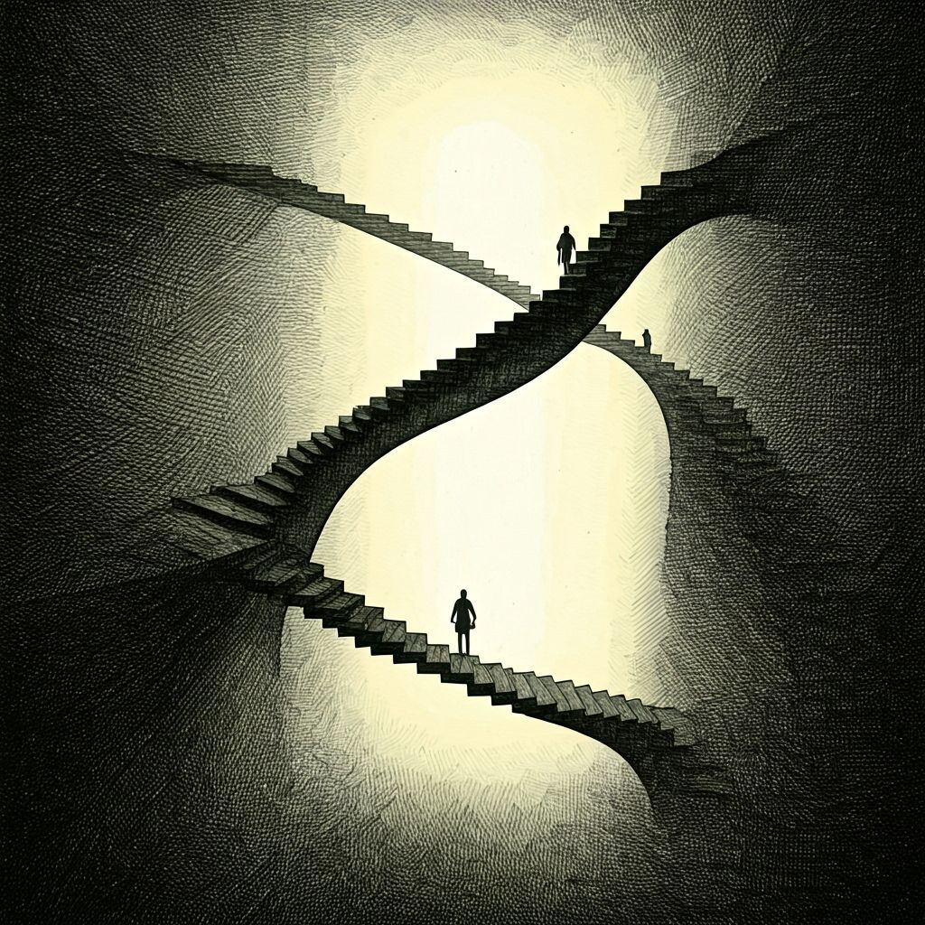 Pen-and-Ink Staircase Maze in Foggy Abyss