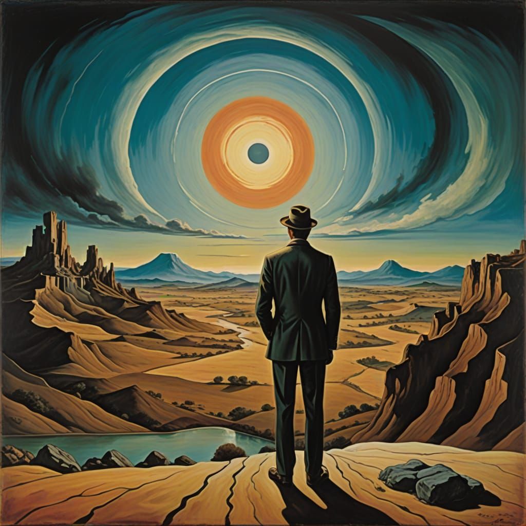 Surrealist Figure Stands at Edge of Dreamlike Landscape