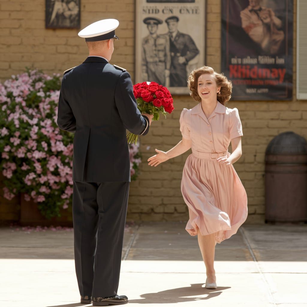 Navy Officer Surprised by Loving Girlfriend in WWII Courtyar...