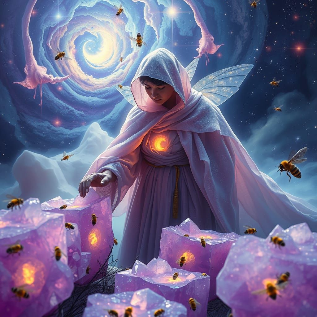 Celestial Beekeeper Among Crystal Hives in Space