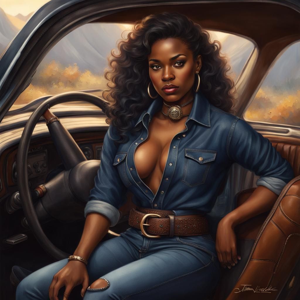 Slim Woman Poses in Car in Ethereal Fantasy Style