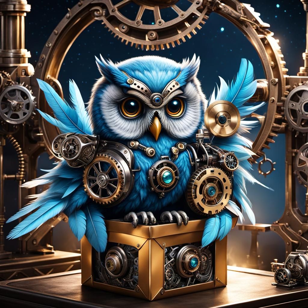 Cyborg Pet Blue Baby Owl inside a gift box full of feathers a living room at night steampunk engine