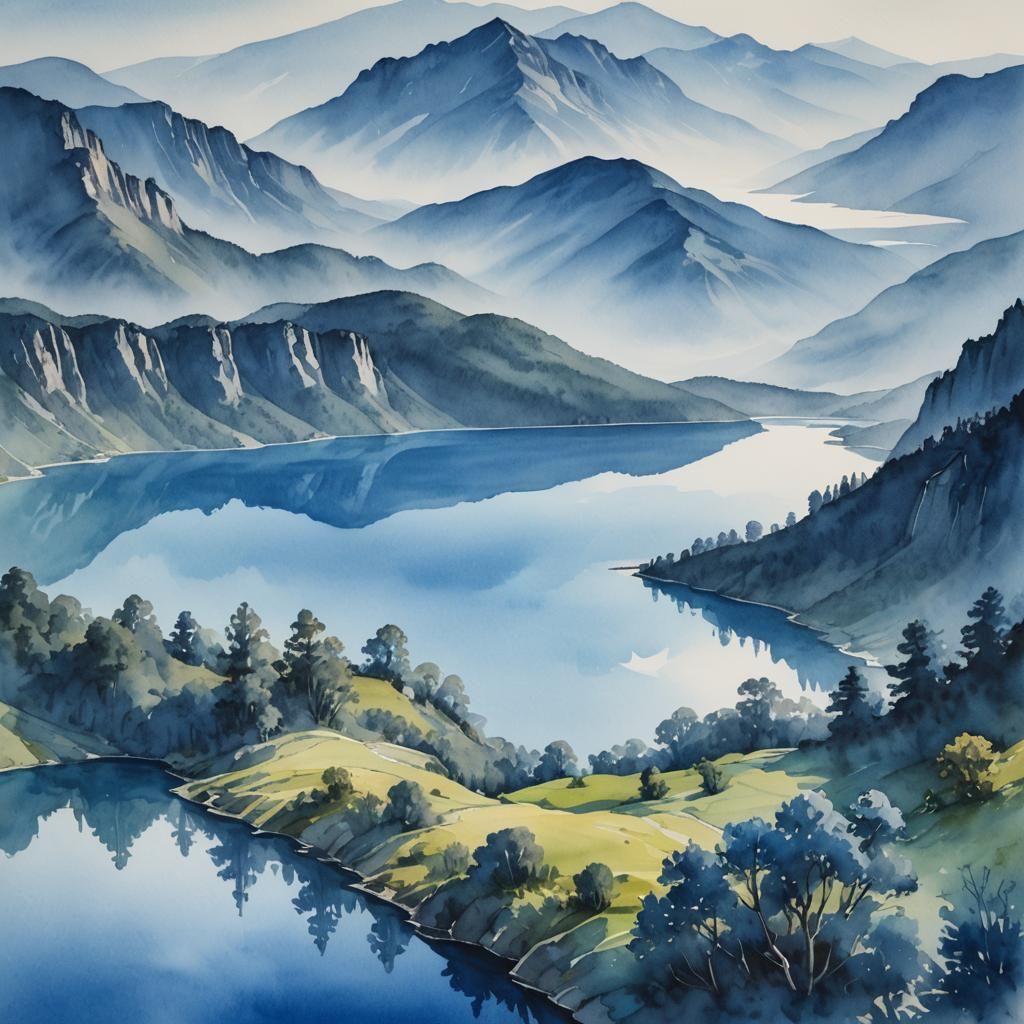 Blue Lake Reflects Blue Mountains: Watercolor Serenity