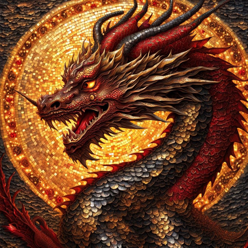 Majestic Golden Dragon Mosaic in Intricate Fantasy Style
