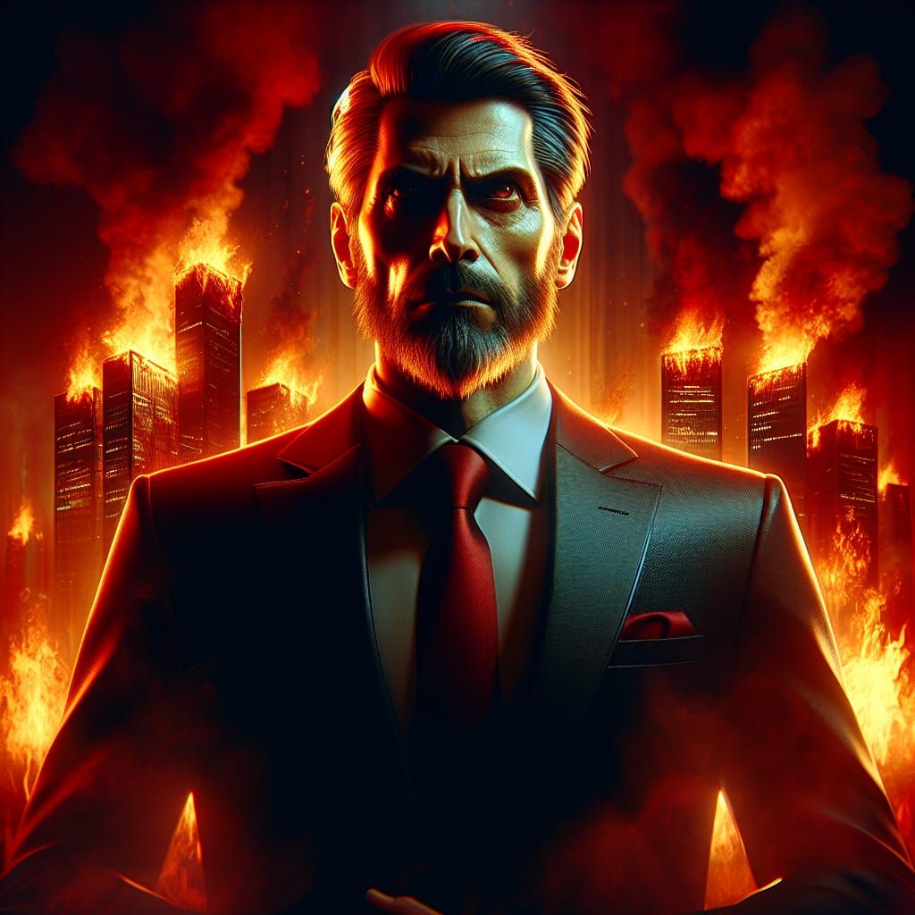 Powerful Politician in Front of Burning Building