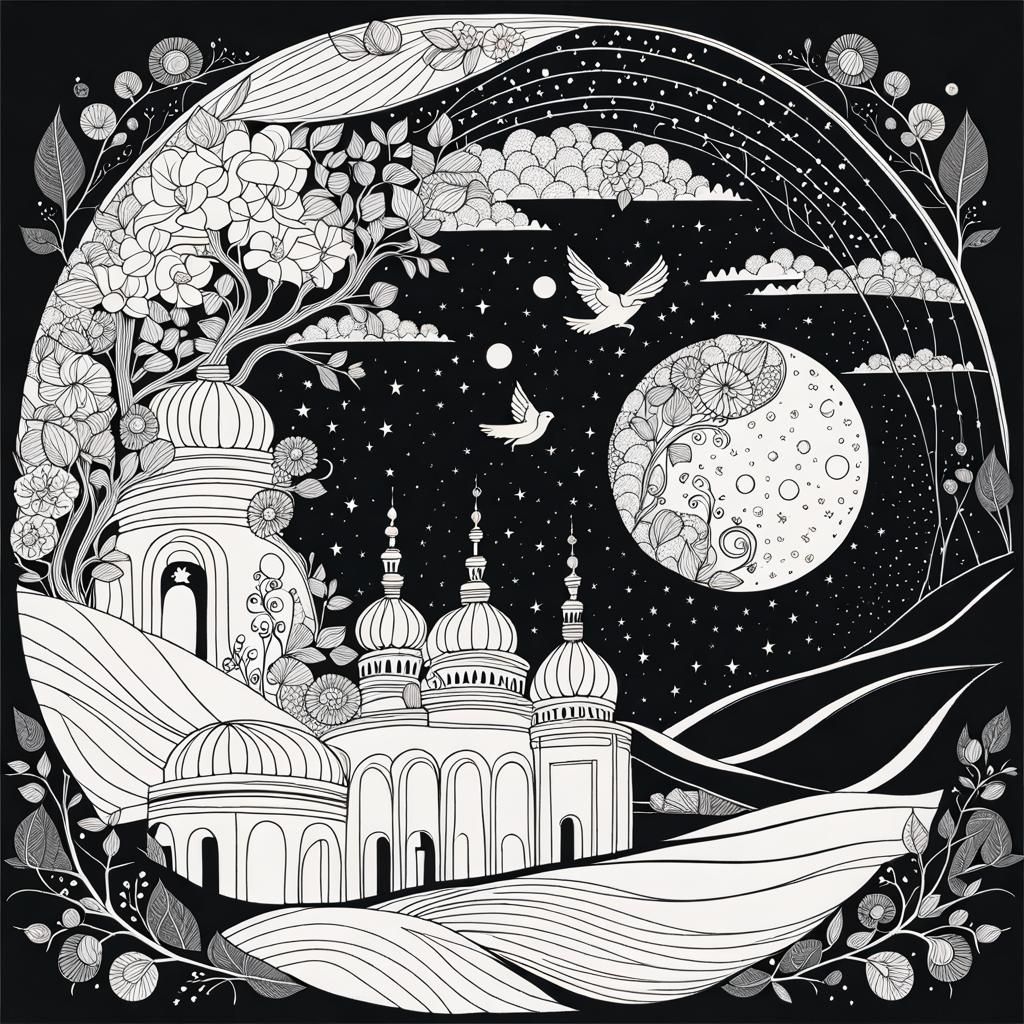 Ornate Moon Landscape in Art Brut Style