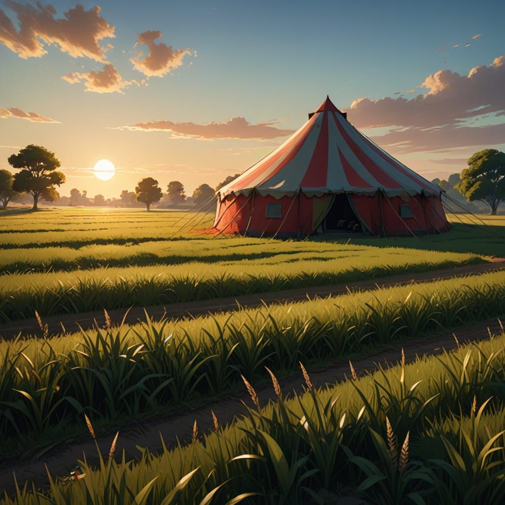 Vibrant Fantasy Landscape with Red-Striped Tent in a Lush Gr...
