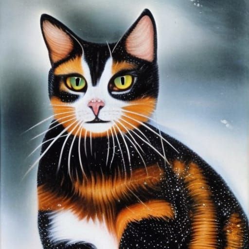 Calico Cat in Winter Wonderland: Surrealist Oil Painting