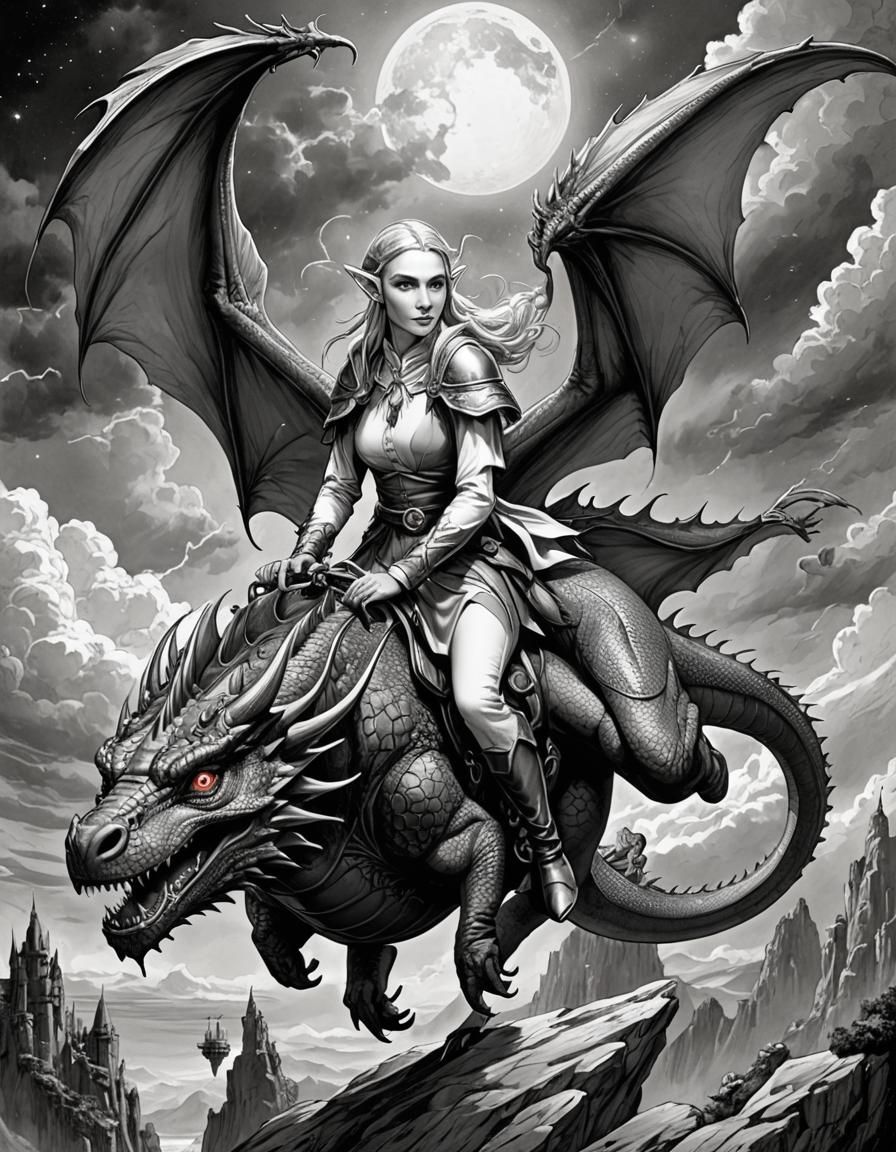Elven Rider on Dragon: Galactic Ink Fantasy