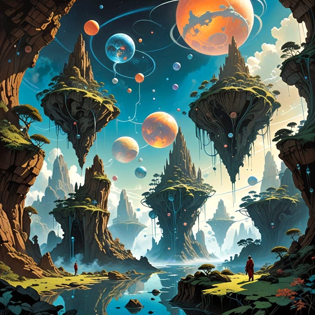 Surreal Floating Islands with Ethereal Figures in Abstract L...