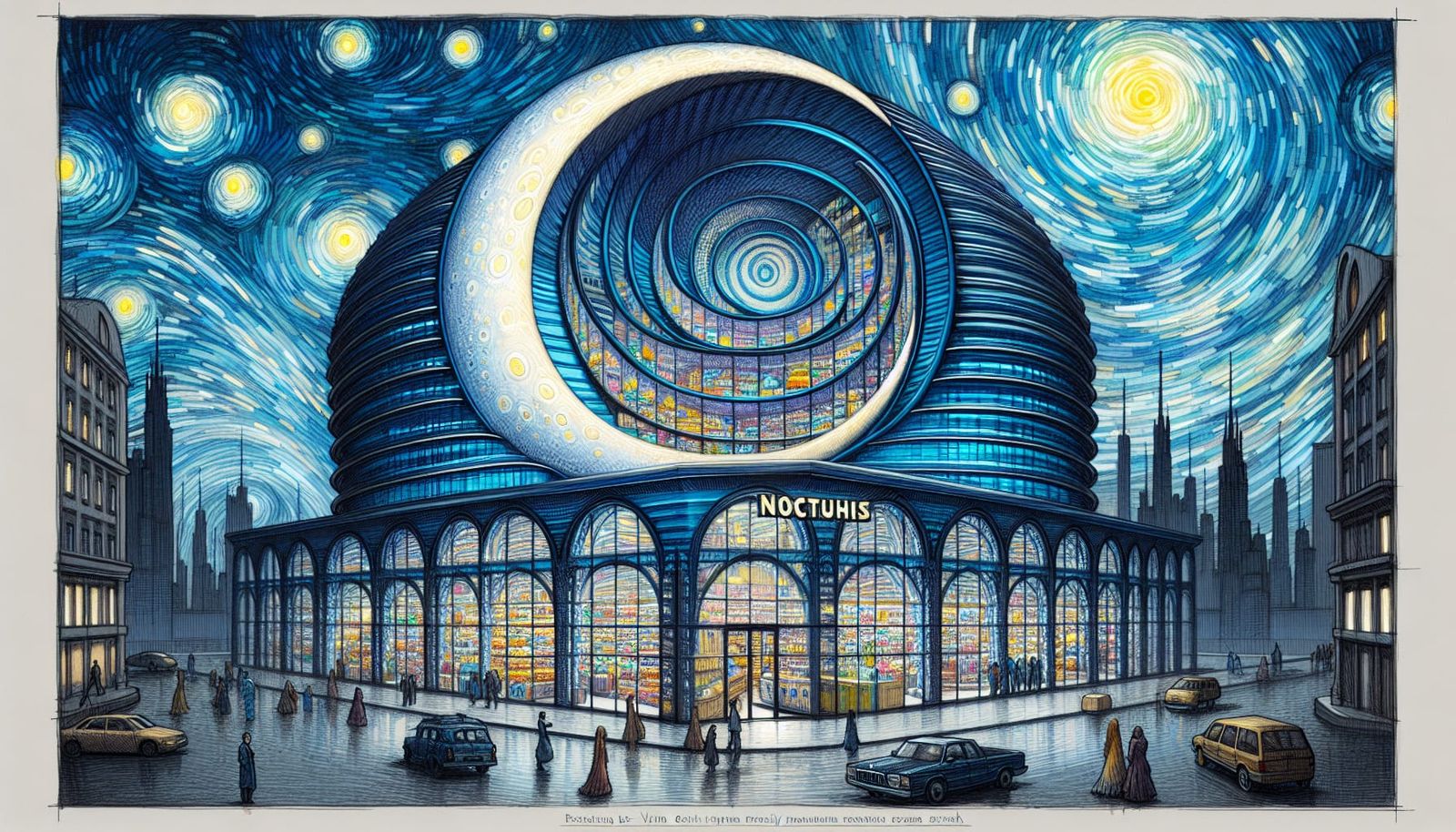 Starhaus Hypermarket: Architectural Sketch in Van Gogh Style